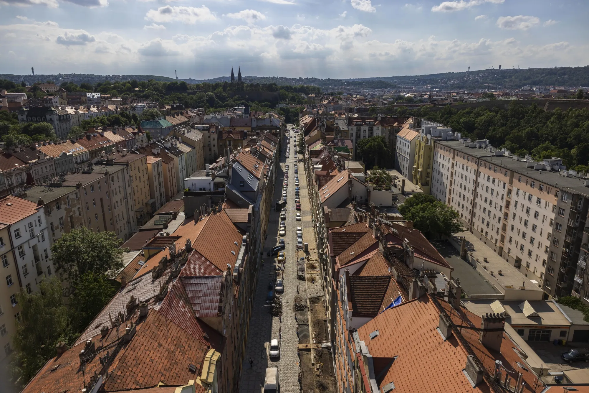 Residential buildings across the city skyline in the Nusle district of Prague, Czech Republic.