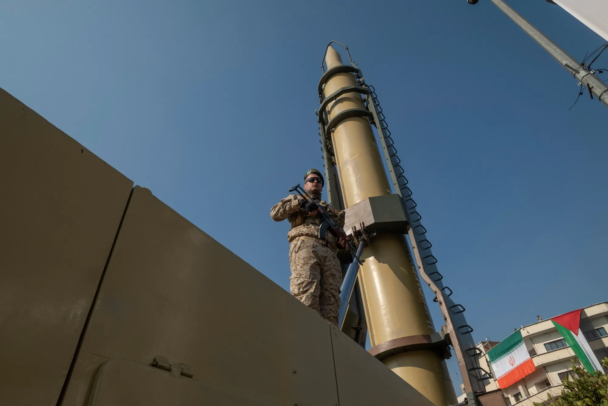 An Iranian-made long-range&nbsp;missile during a military rally in Tehran, Iran, in January.