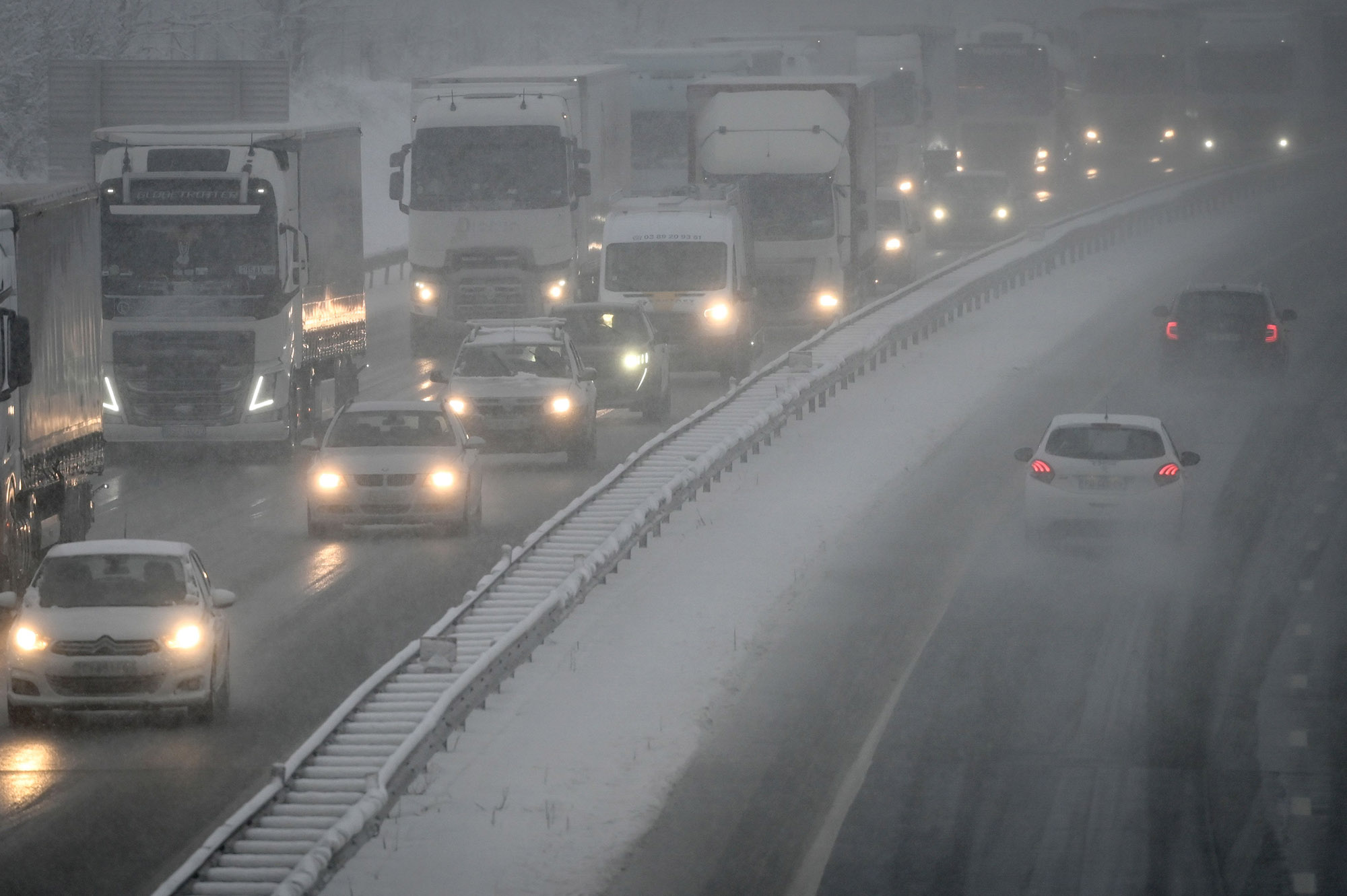 Cars and trucks on the A36 highway&nbsp;in Brunhaupt-le-Haut, France, on Jan. 2021.