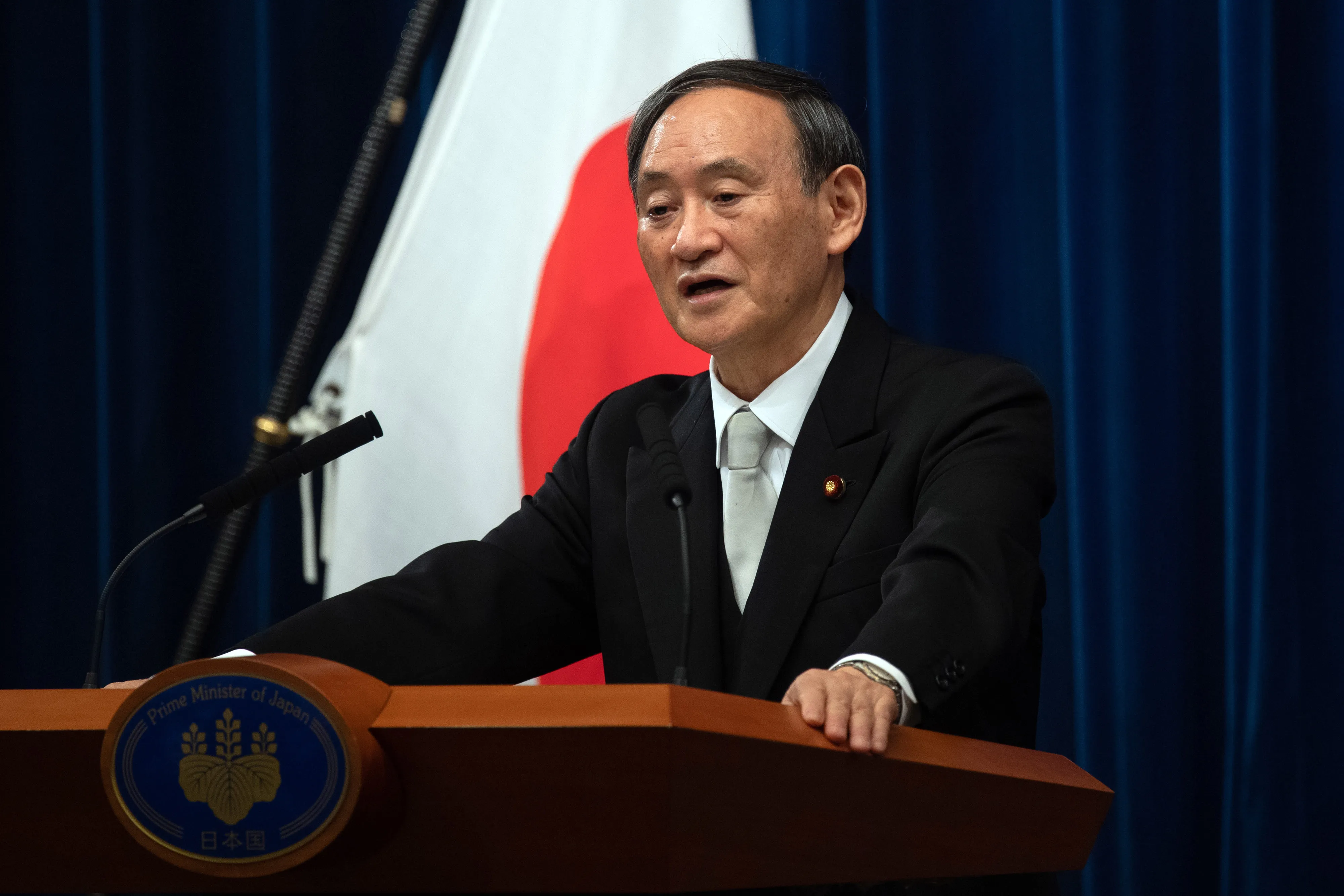 Yoshihide Suga speaks during a news conference in Tokyo&nbsp;on Sept. 16.