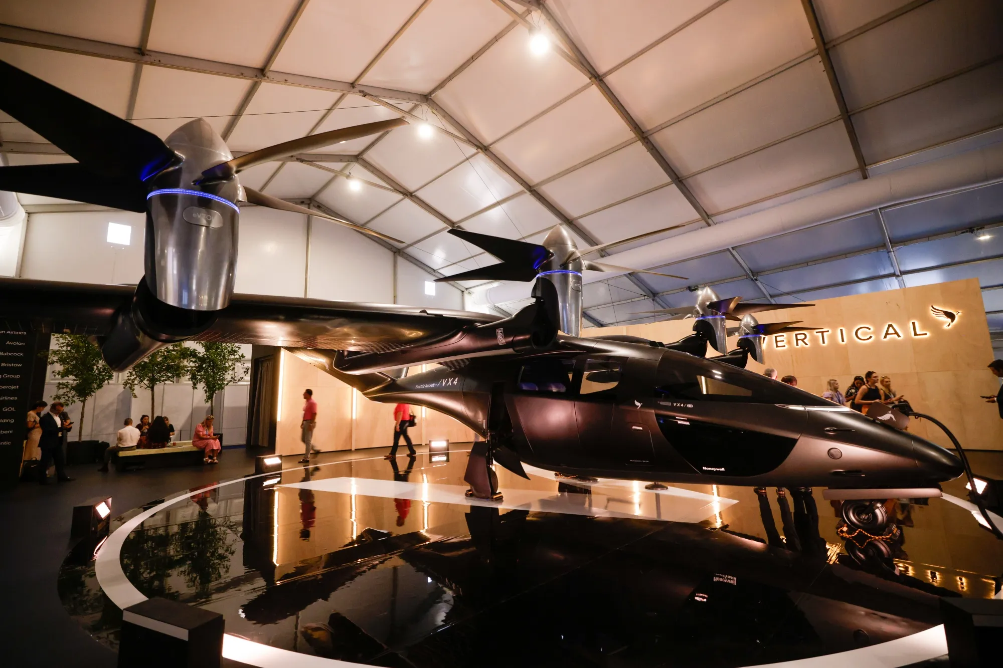 A Vertical VX4 eVTOL flying taxi at the Farnborough International Airshow in Farnborough, UK, in 2022.&nbsp;