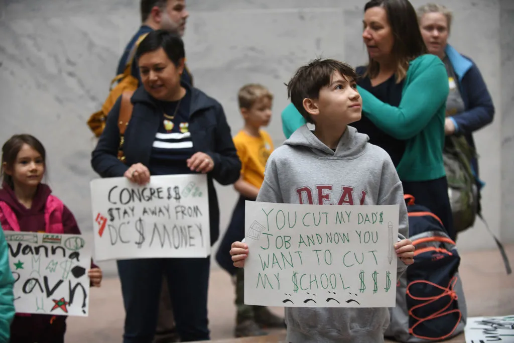 School children, parents, teachers and other DC residents gather inside the Senate Hart Building Atrium on Thursday&nbsp;to protest looming budget cuts.&nbsp;