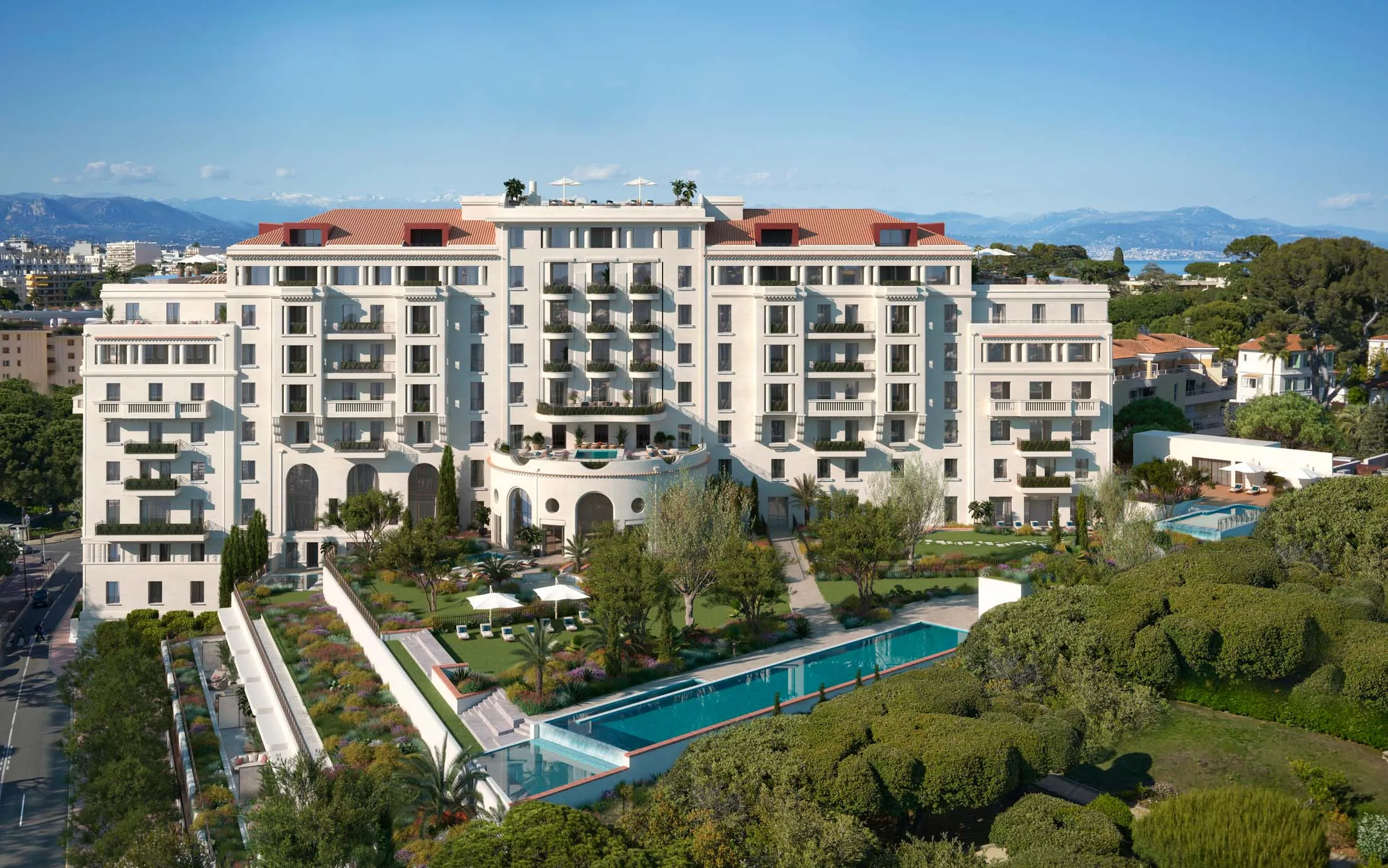 A computer-generated rendering of Le Provençal, with its showpiece pool.