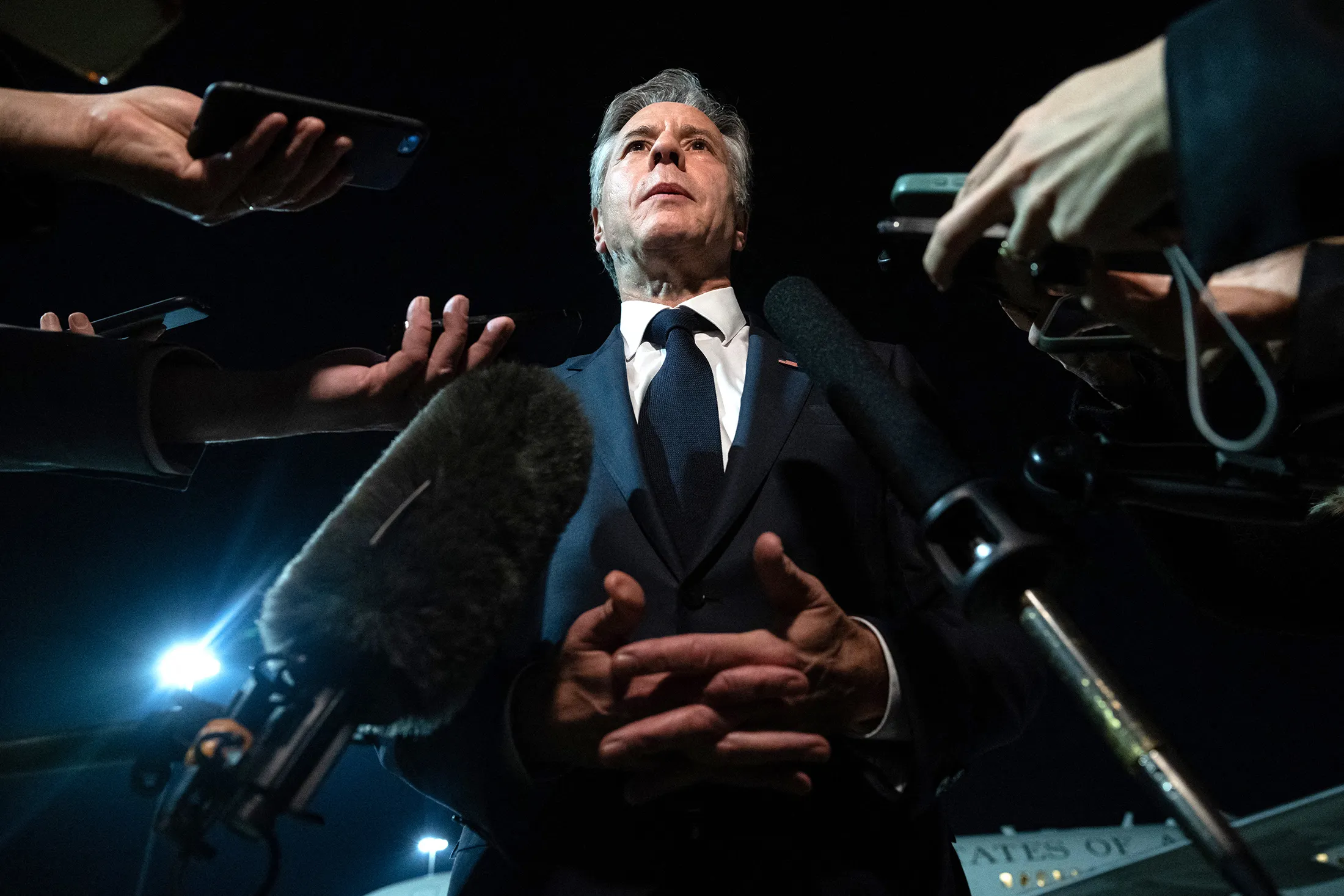 Antony Blinken speaks to the media prior to departure from Al Maktoum International Airport in Dubai, on Dec. 1.