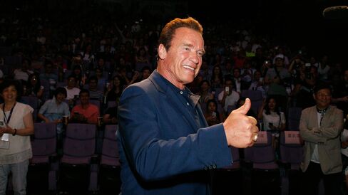 Arnold Schwarzenegger signals at the event screening of the Terminator Genisys on August 18, 2015 in Shanghai, China.