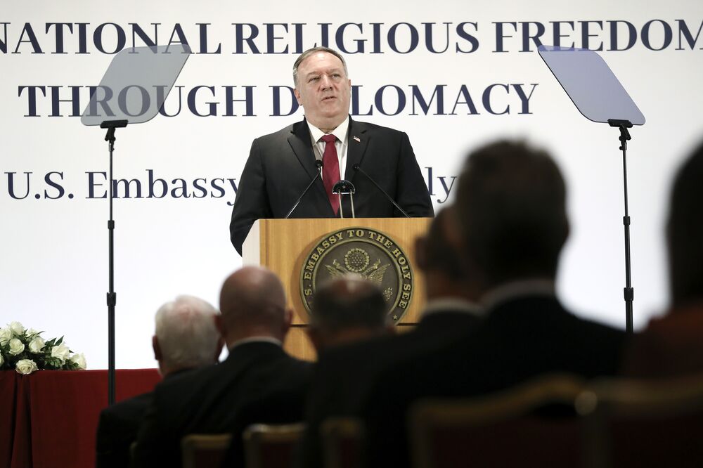 Michael Pompeo speaks during a U.S. Embassy to the Holy Sees symposium on Religious Freedom in Rome, on Sept. 30.