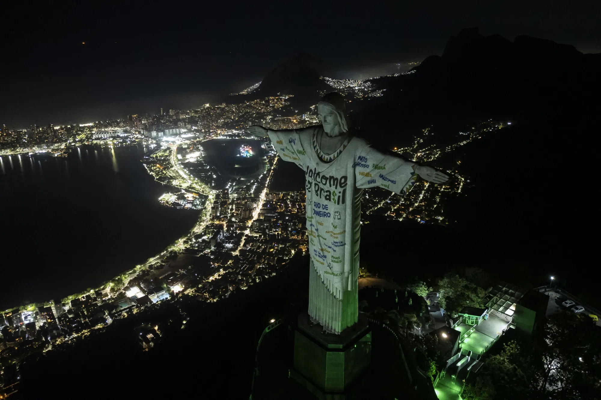 The Christ the Redeemer statue illuminated with a welcome message for Taylor Swift, in Rio de Janeiro, Brazil.