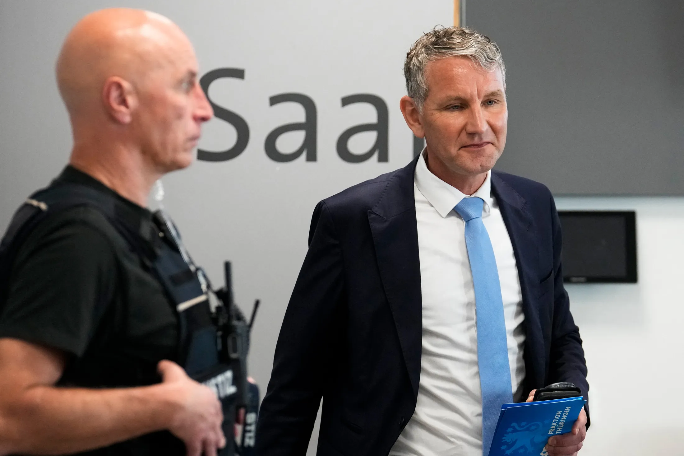 Bjoern Hoecke, right, at court in Halle, Germany, on April 18.