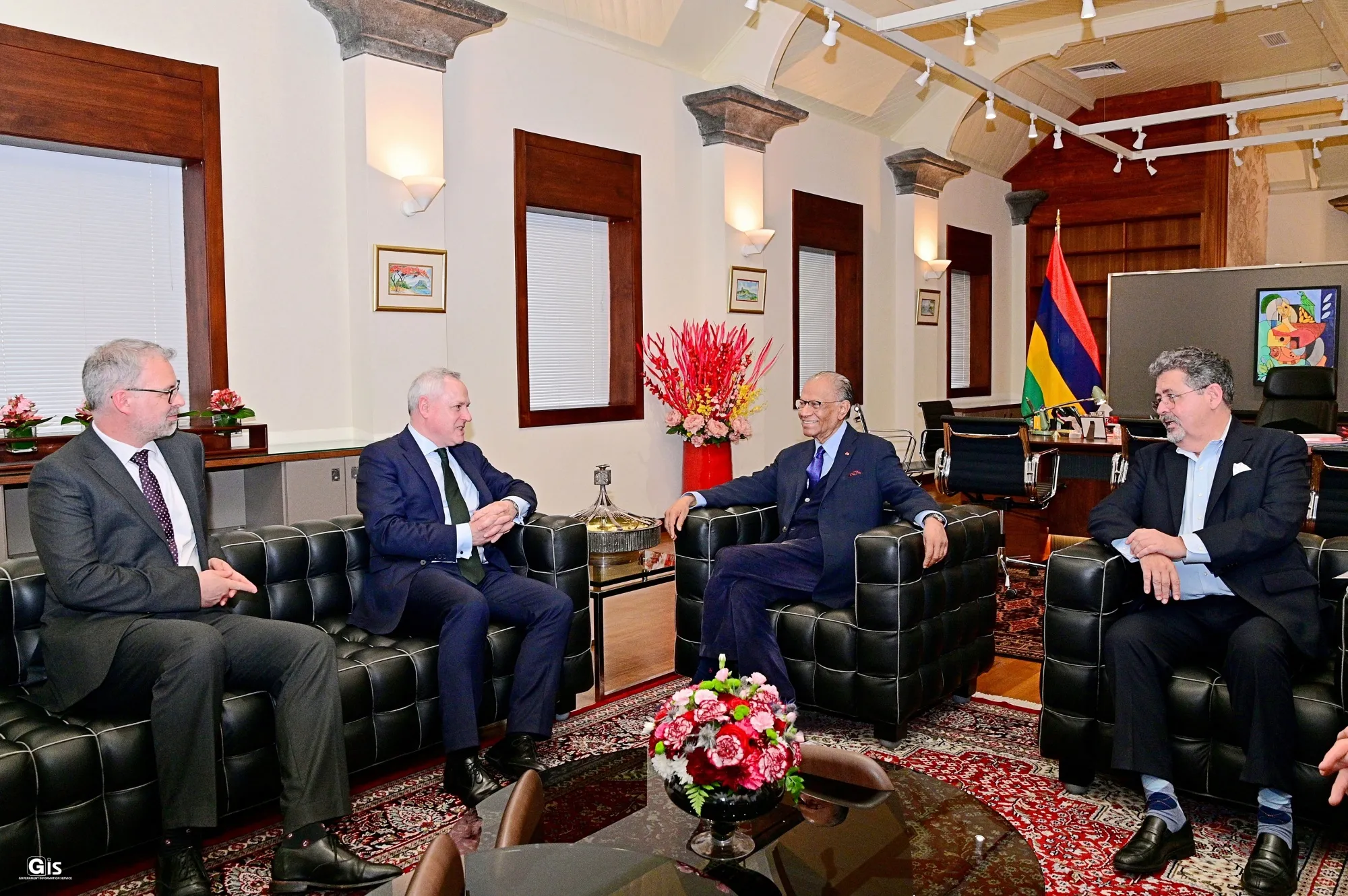 Mauritian Prime Minister Navinchandra Ramgoolam, center right, and Attorney General Gavin Glover, right, meet with FCDO officials in Port Louis on April 22.