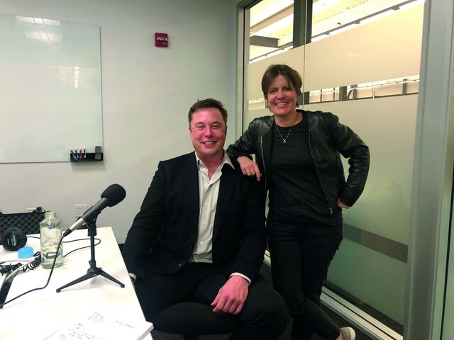 Kara Swisher and Musk photographed in podcast studio.