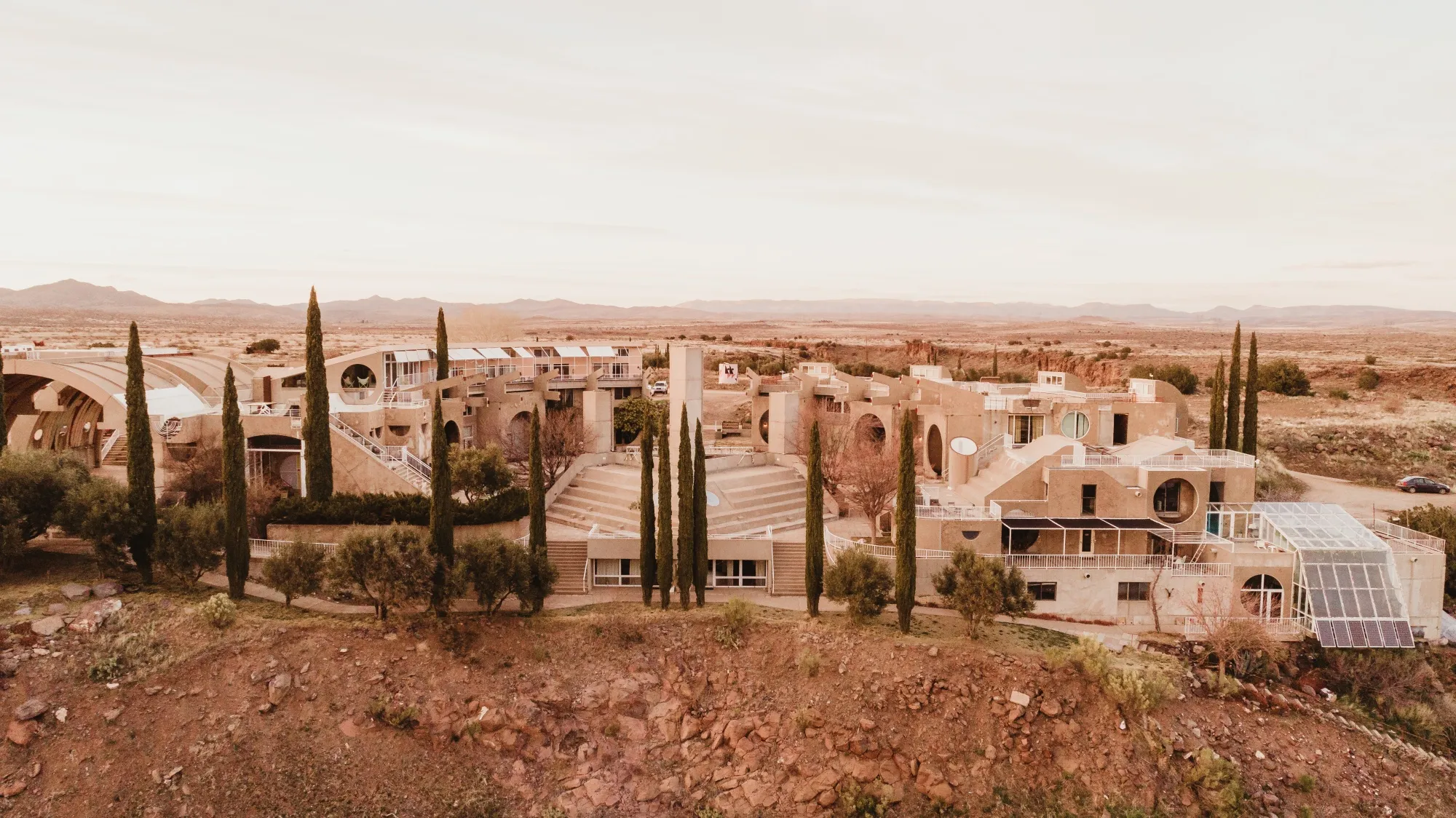Arcosanti today: With its compact size and secluded location in the Sonoran Desert, about an hour from Phoenix, it was designed as a rebuke to that city’s postwar sprawl.&nbsp;