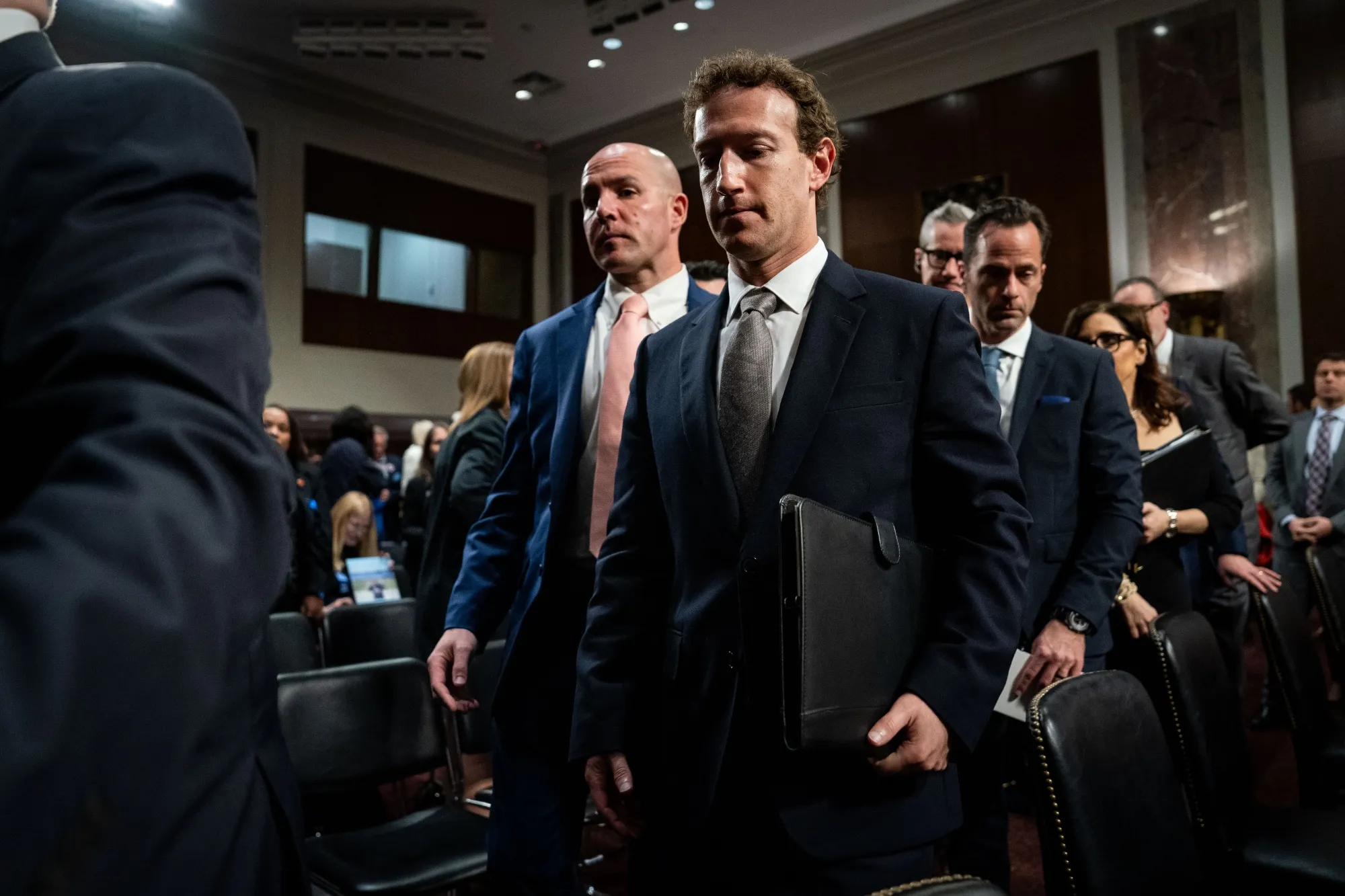 Mark Zuckerberg&nbsp;departs a Senate Judiciary Committee hearing in Washington, in January.