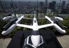 A scaled model of Uber's eCRM-003, an electric vertical take-off and landing jet.
