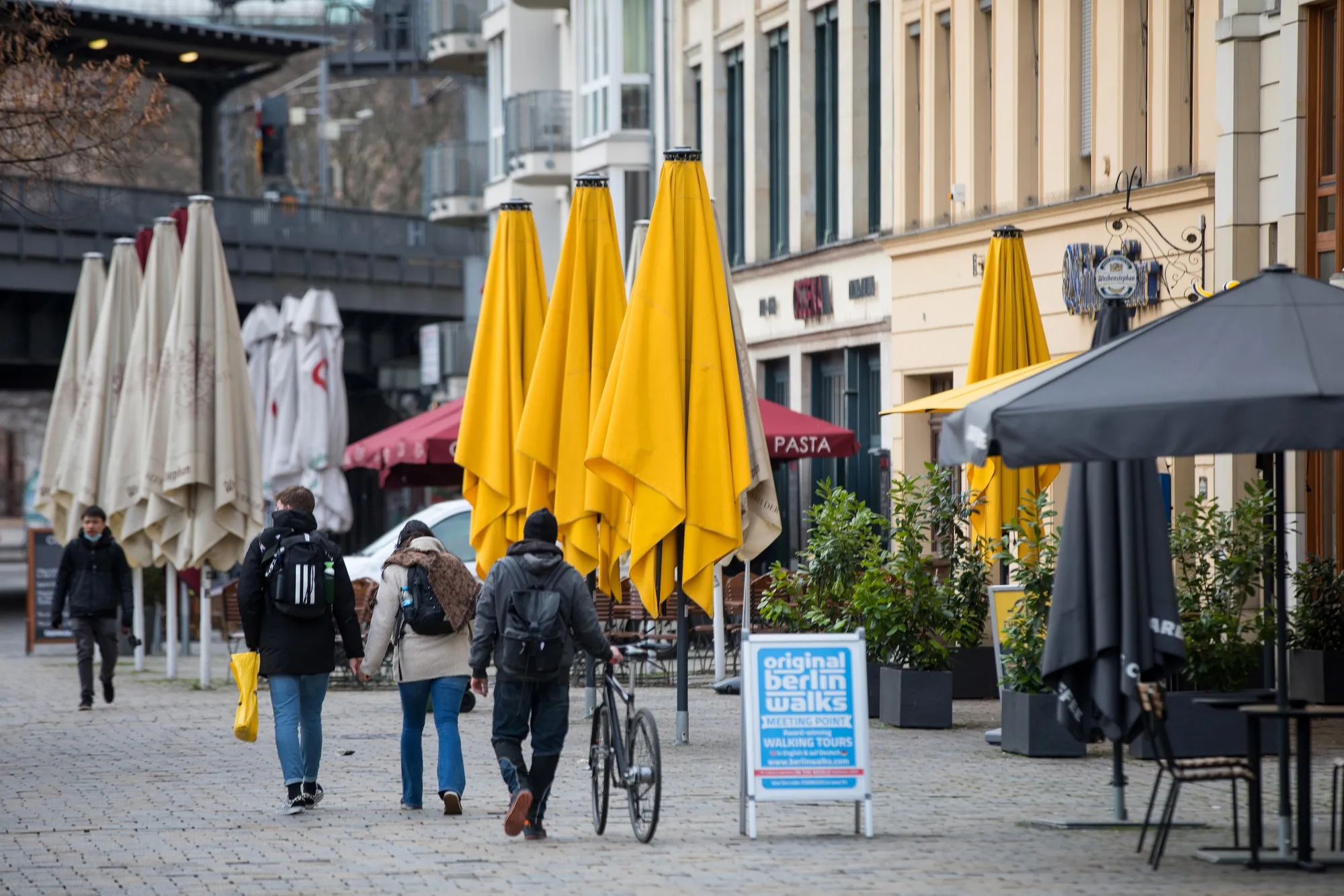 An empty restaurant terrace in central Berlin, Germany.