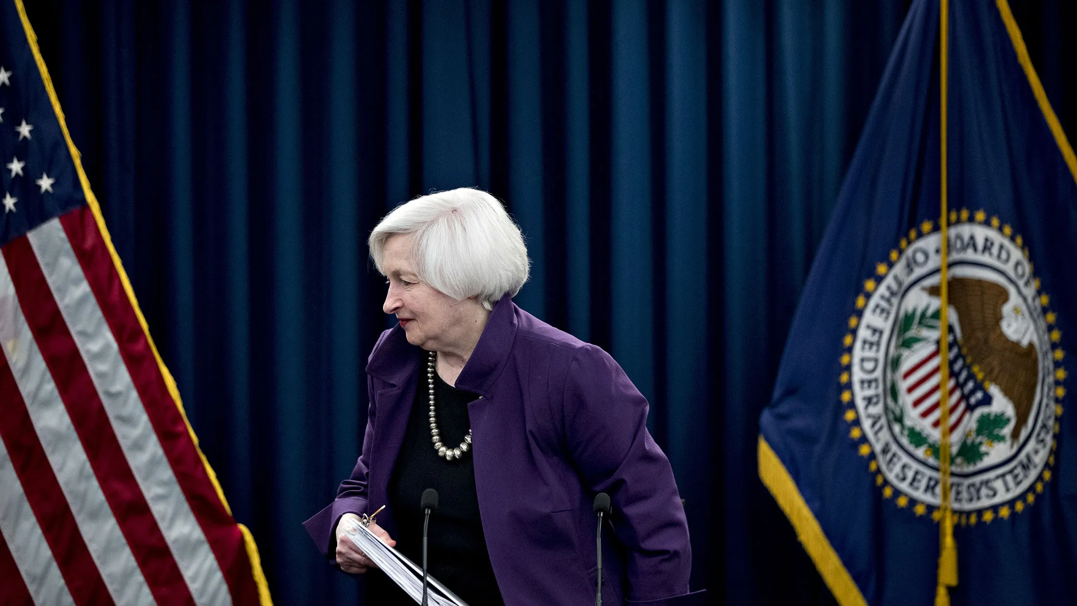 Janet Yellen, chair of the U.S. Federal Reserve, leaves after a news conference in Washington on June 14, 2017.

