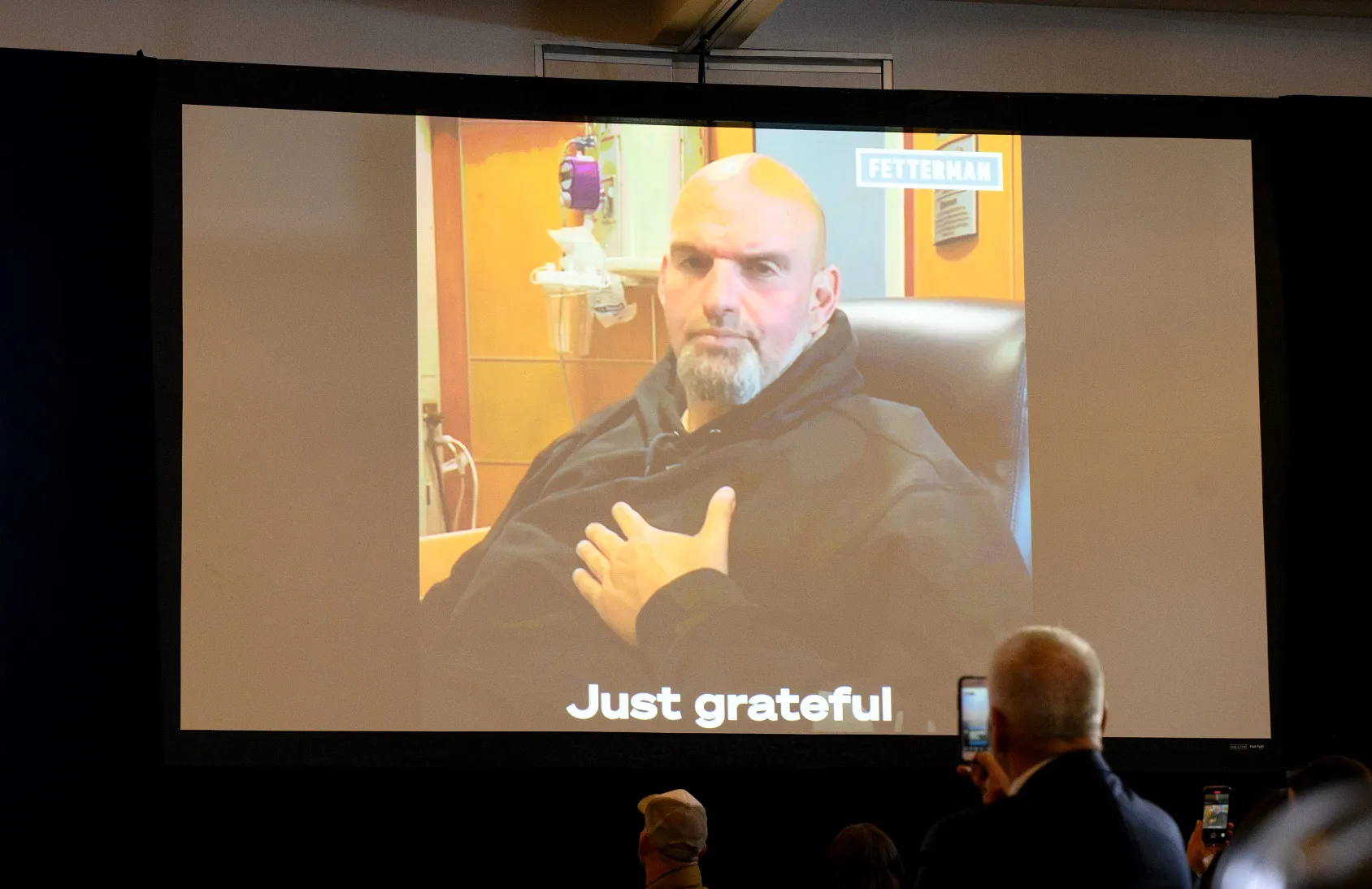 John Fetterman speaks in a recorded message during a primary election night event in Pittsburgh, Pennsylvania, on May 17.