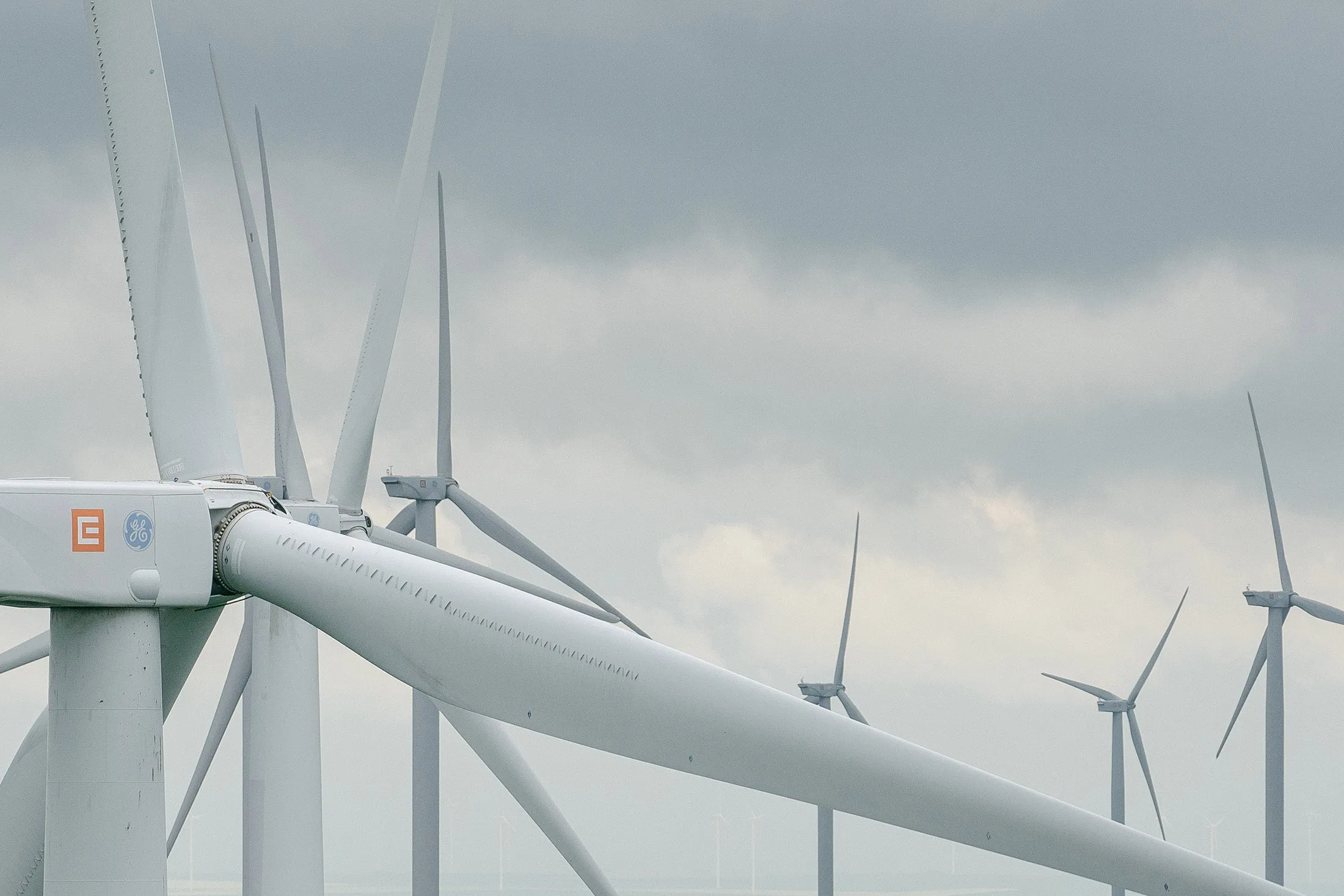 A GE logo on the nacelle of a wind turbine in Romania.