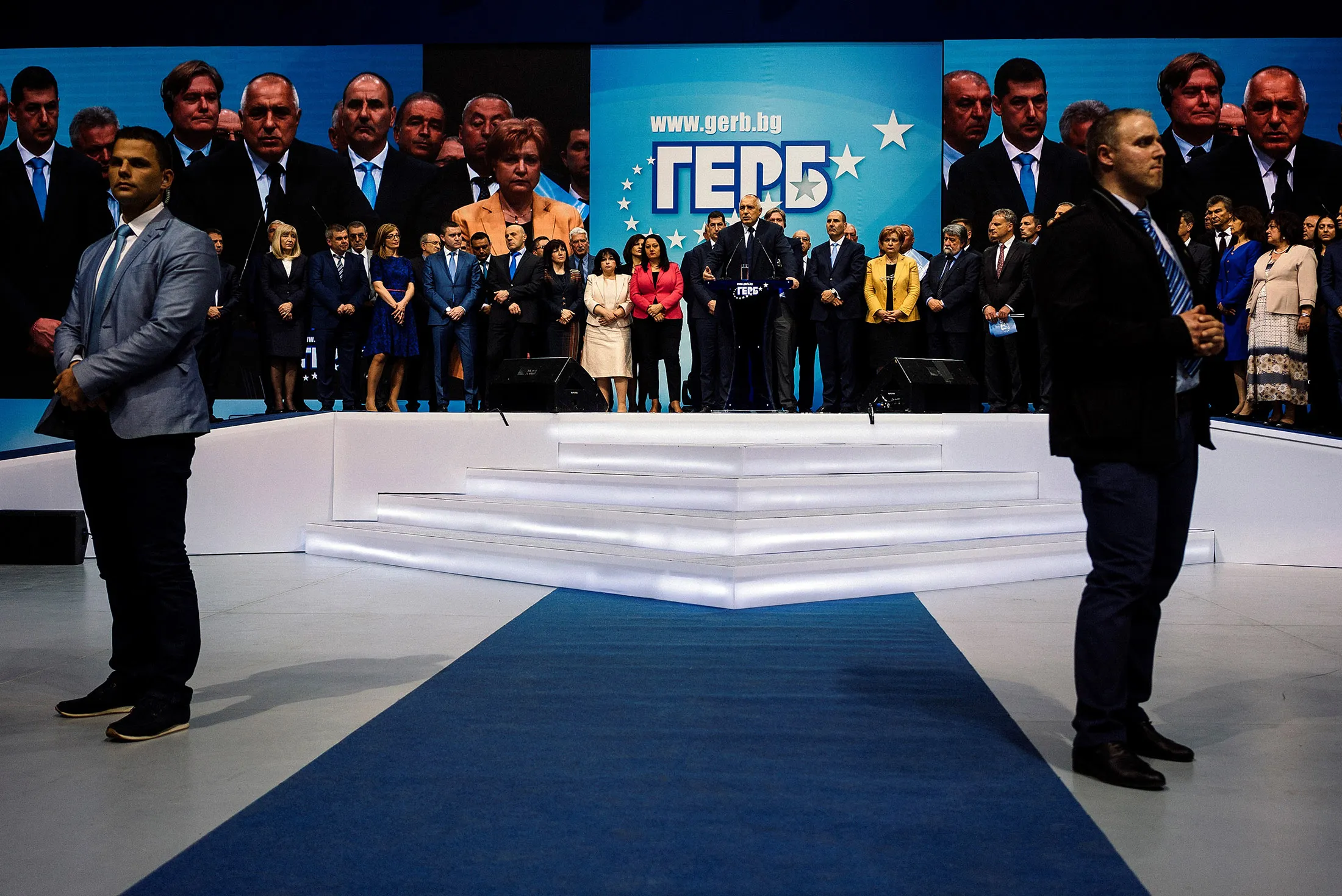 The head of the centre-right GERB party and former prime minister Boyko Borisov (C) speaks during a pre-election rally in the city of Plovdiv on March 24, 2017, ahead of the parliamentary election, the thirds in four years in the country. Bulgaria's upcoming parliamentary election, held on March 26, 2017, raises the prospect of the EU's poorest country tilting more towards Russia if the Socialists emerge as winners and can form a government. In November, Bulgarians elected Rumen Radev, an air force commander backed by the Socialists (BSP) and seen as sympathetic to Russia, as president. / AFP PHOTO / Dimitar DILKOFF (Photo credit should read DIMITAR DILKOFF/AFP/Getty Images)

