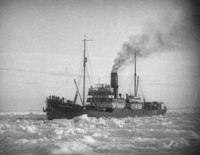 A film still of the Sibiryakov icebreaker in the Arctic on Oct. 12, 1932. 