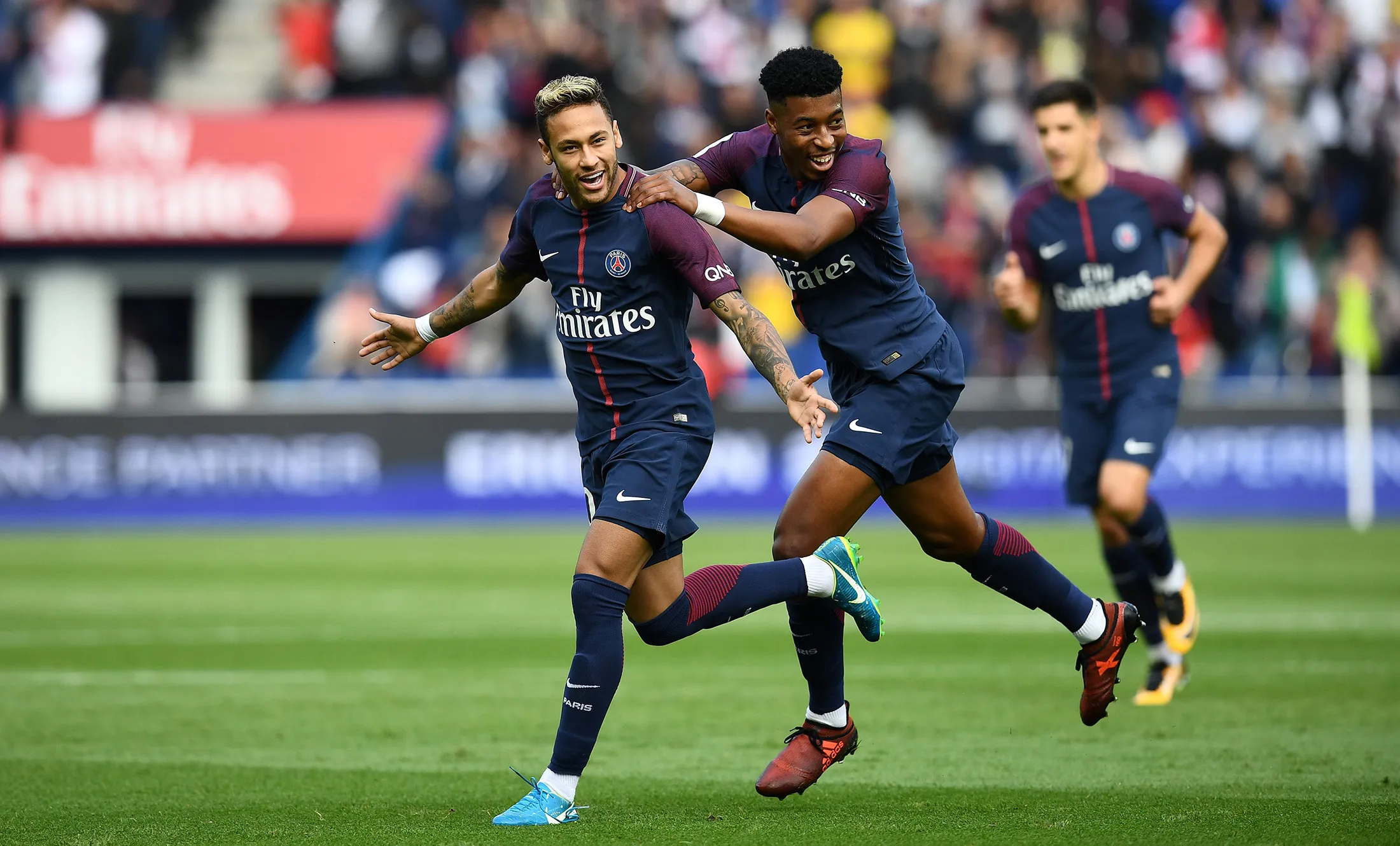 Neymar celebrates scoring a goal during the French Ligue 1 match against Bordeaux on Sept.&nbsp;30.