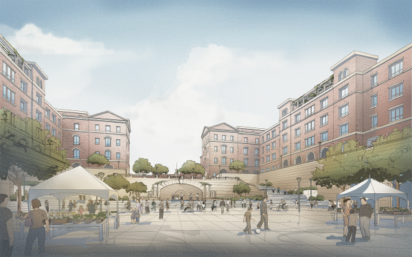 Watercolor style drawing of Catholic's plan, depicting a grand staircase with people interacting on a plaza at the bottom of said staircase.