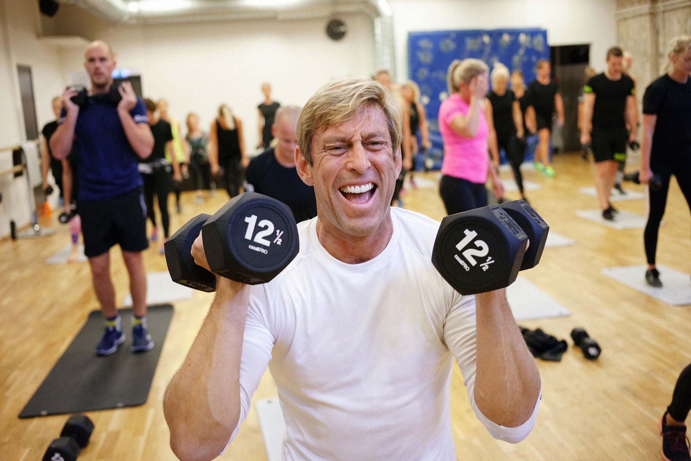 Henrik Bunge working out with his employees during a Sports Hour session at Bjorn Borg headquarters in Stockholm.