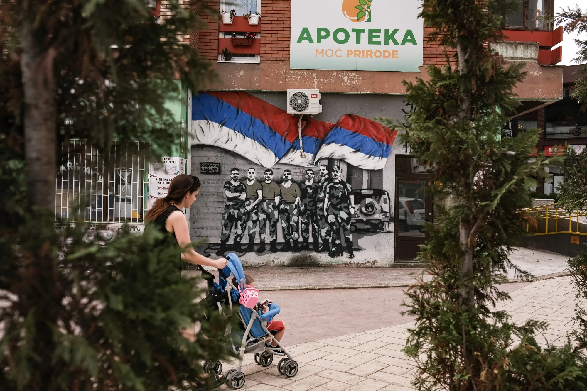 A Serb nationalist mural on the north side of the River Ibar, which divides ethnic Serb and Albanian communities&nbsp;in Mitrovica, Kosovo.