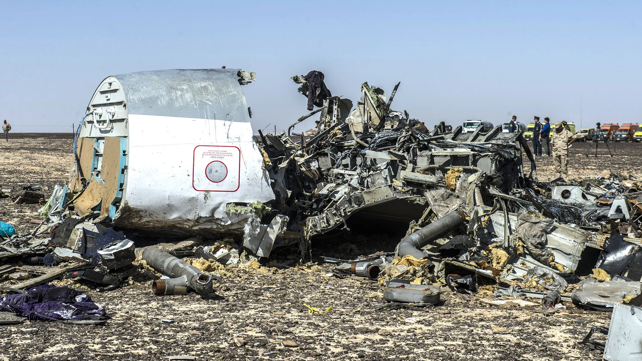 Debris of the A321 Russian airliner lie on the ground a day after the plane crashed in Wadi al-Zolomat, a mountainous area in Egypt's Sinai Peninsula, on Nov. 1, 2015.
