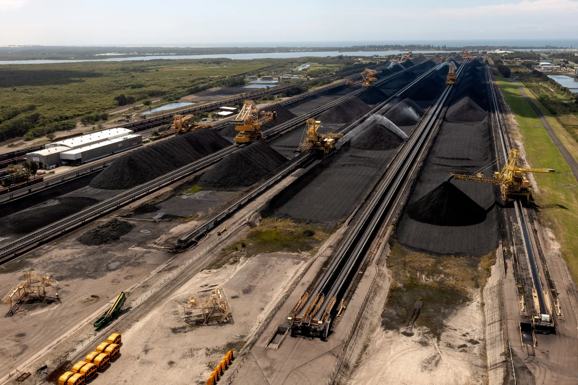 Stockpiles of coal&nbsp;in Newcastle, New South Wales, Australia.