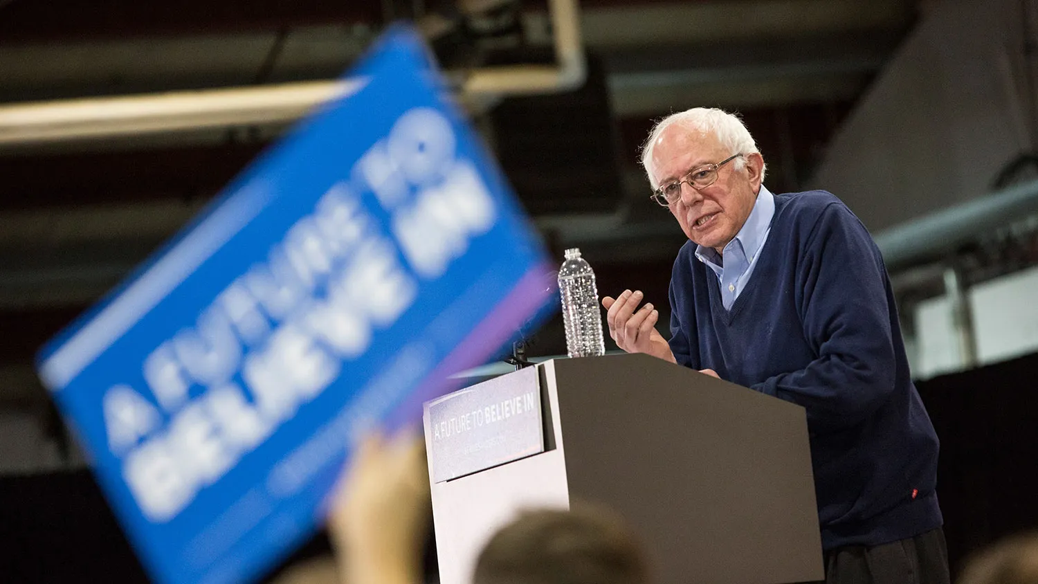 Senator Bernie Sanders speaks at a campaign rally on Feb. 6, 2016 in Rindge, New Hampshire.
