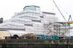 The Dilbar superyacht, owned by Russian billionaire Alisher Usmanov, under cover while undergoing refitting at the Blohm &amp; Voss dock in Hamburg, Germany, on March 4.