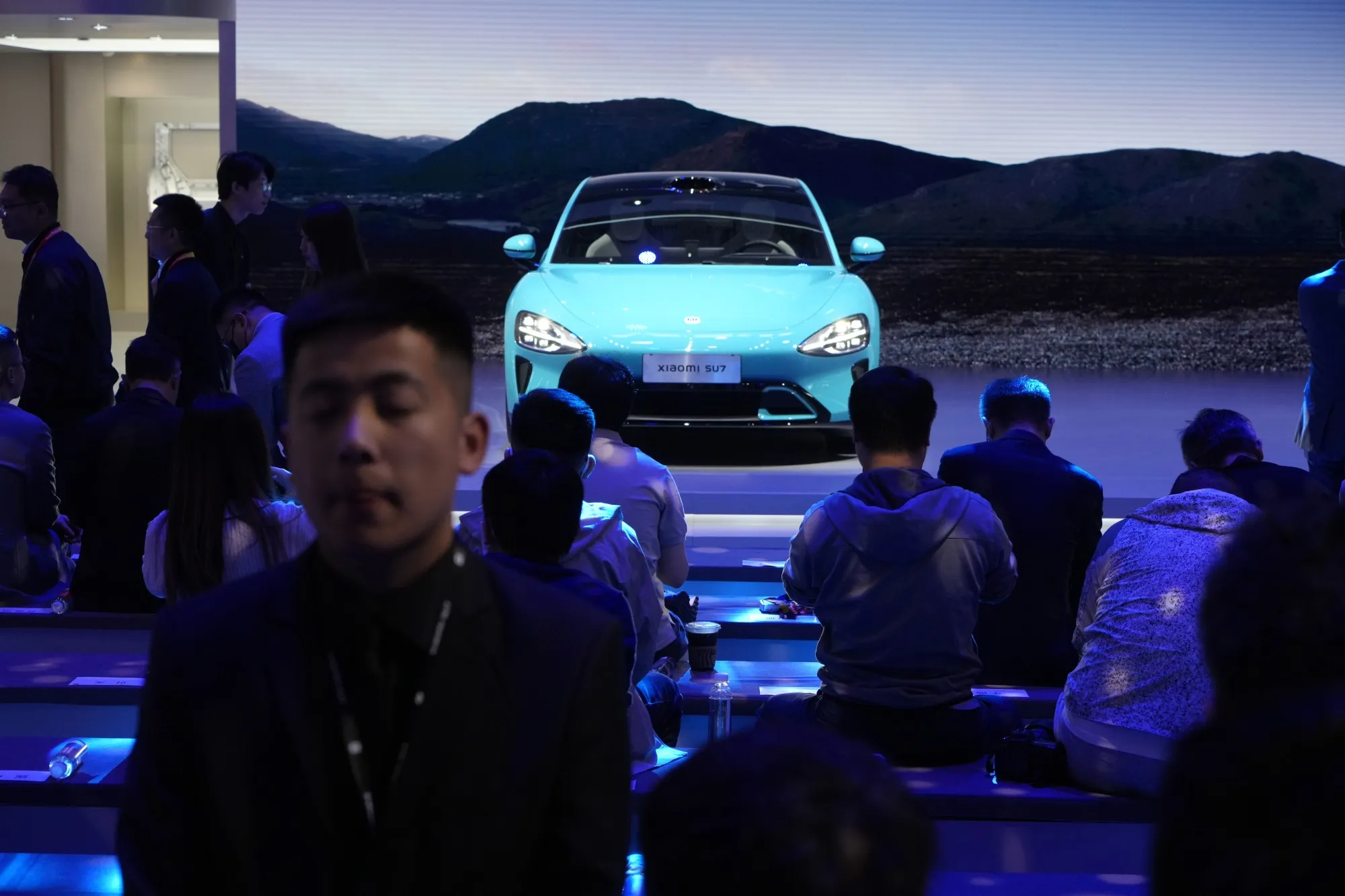 A Xiaomi Corp. SU7 electric vehicle during the Beijing Auto Show in Beijing, China, on&nbsp;April 25.