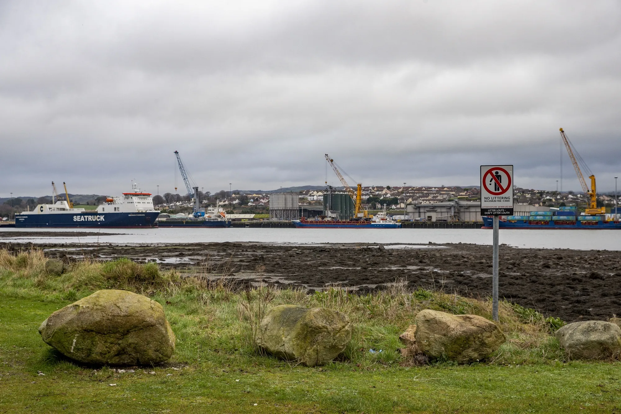 A cargo ship, sits docked at Warrenpoint Port in Northern Ireland.