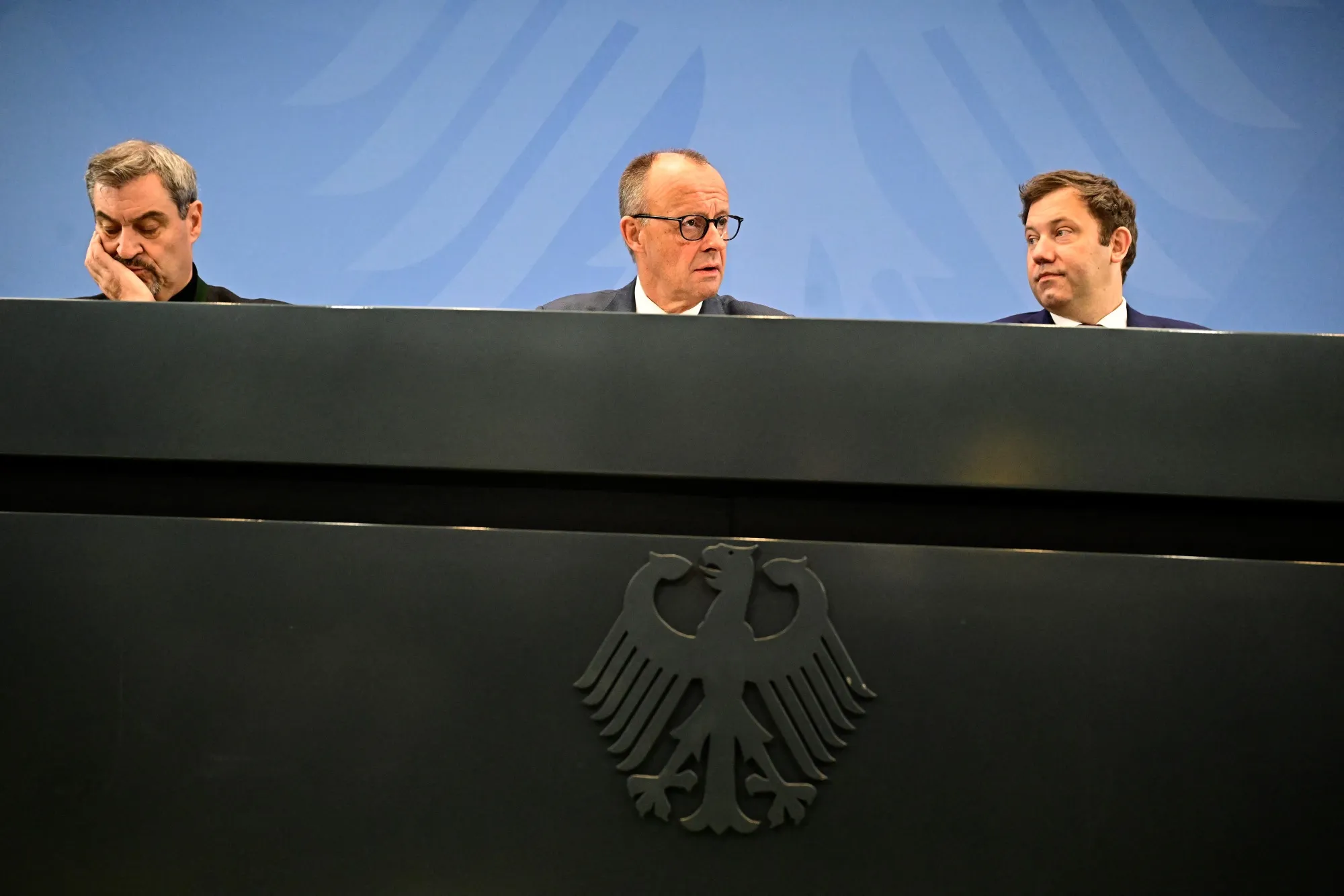 CSU Chairman Markus Soeder, Friedrich Merz and Lars Klingbeil, left to right, brief media on the results of the coalition committee consultations, in Berlin.