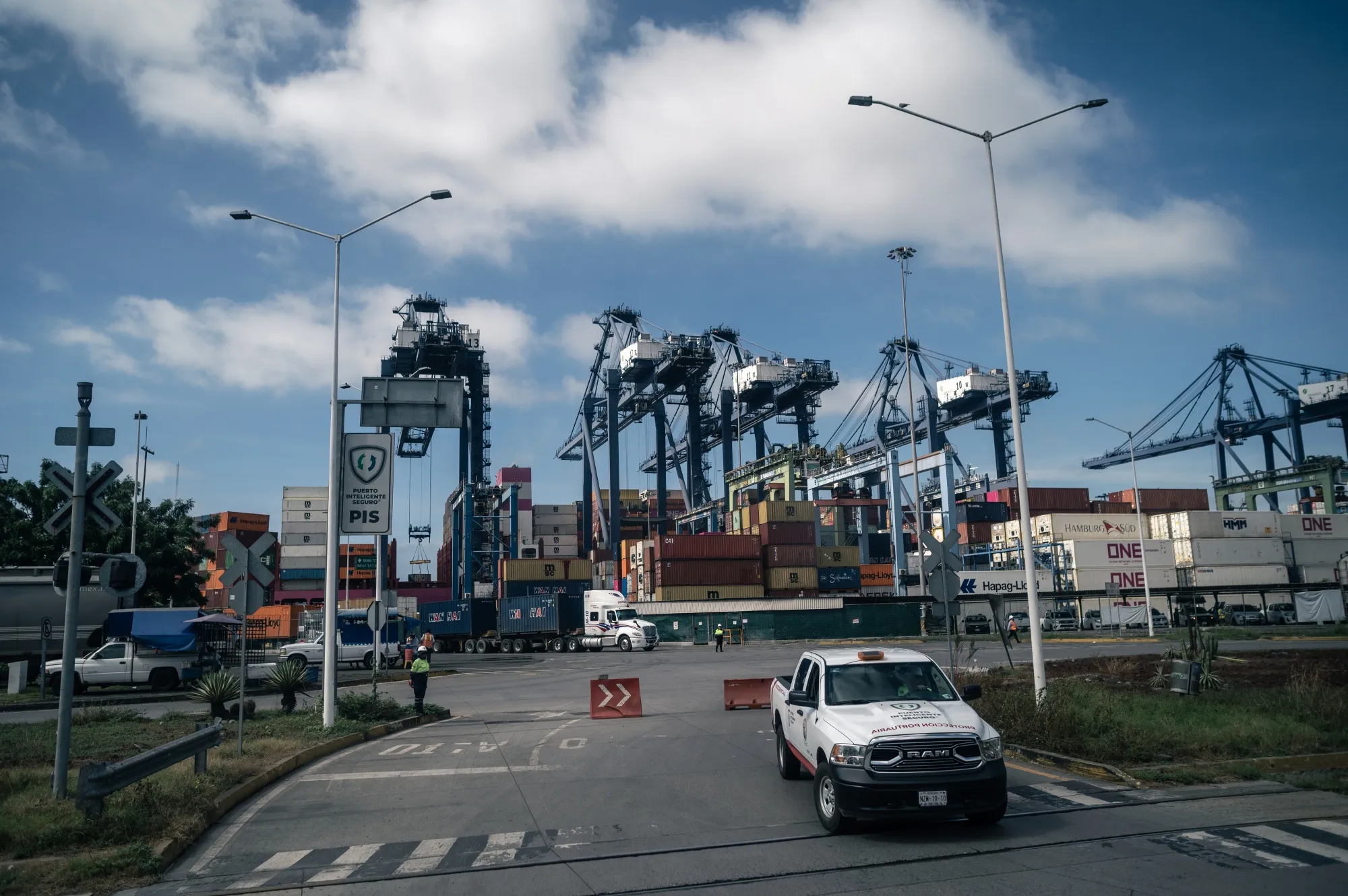 Gantry cranes and shipping containers at the Port of Manzanillo.