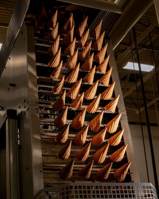 The cones are discharged onto a vertical conveyor belt, becoming cool and crisp within two minutes. 