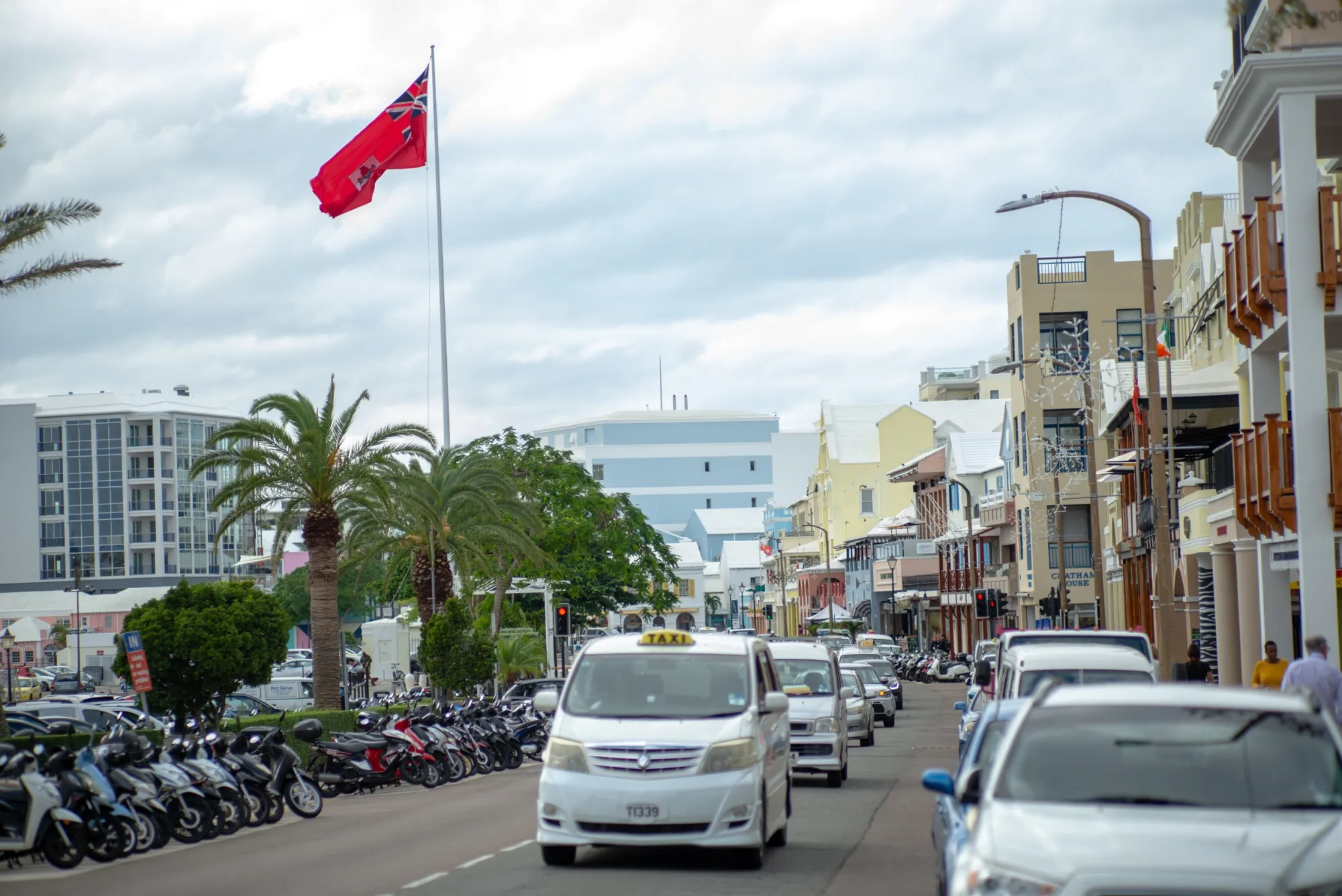 Vehicles travel along Front Street in Hamilton, Bermuda.