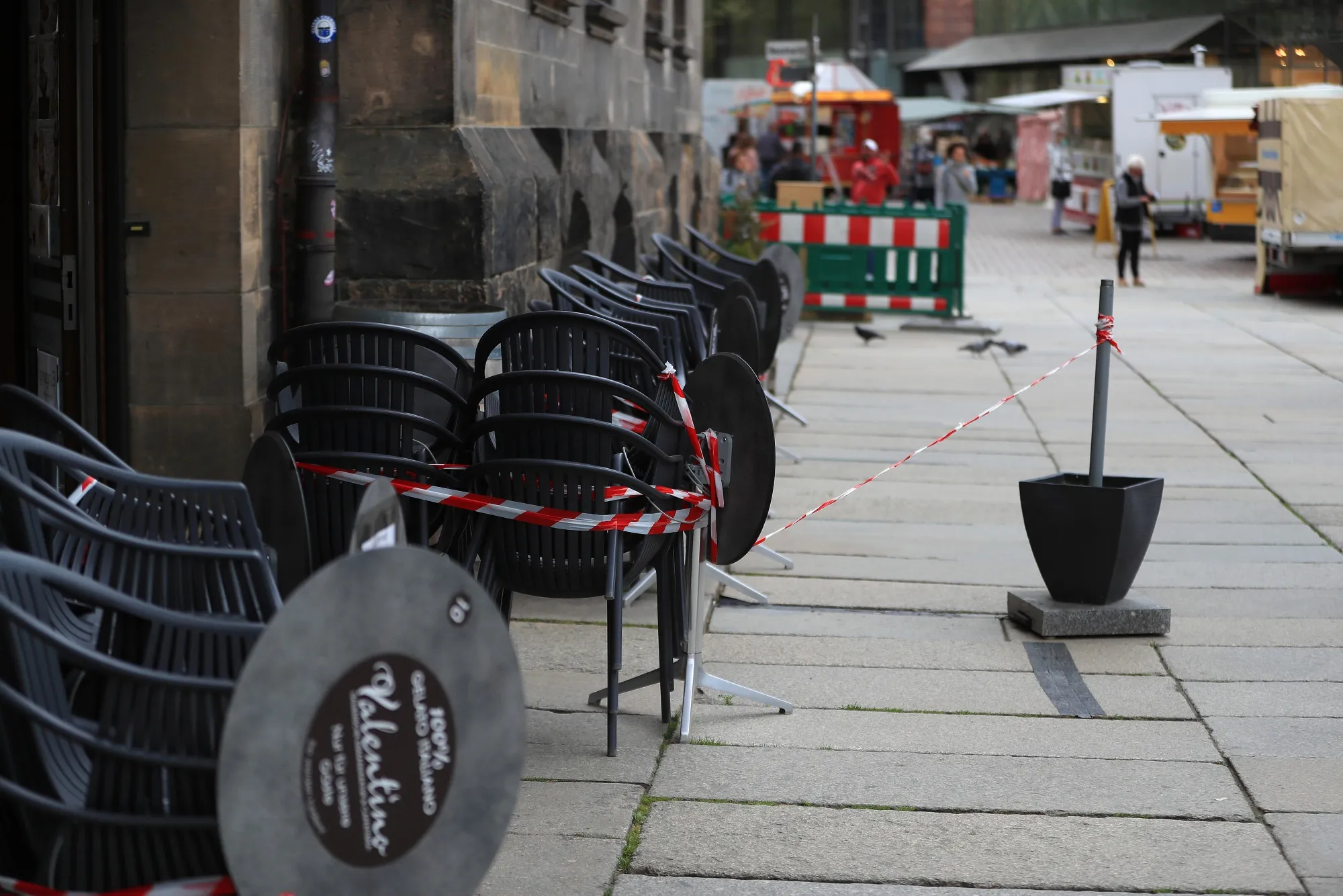 Stacked chairs on a closed restaurant terrace in Chemnitz, Germany, on APril 30.