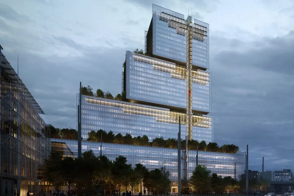 A rendering of Piano's Palais de Justice on the northeast edge of Paris, set to open this year. The architect says that architecture can "fertilize" struggling urban peripheries.