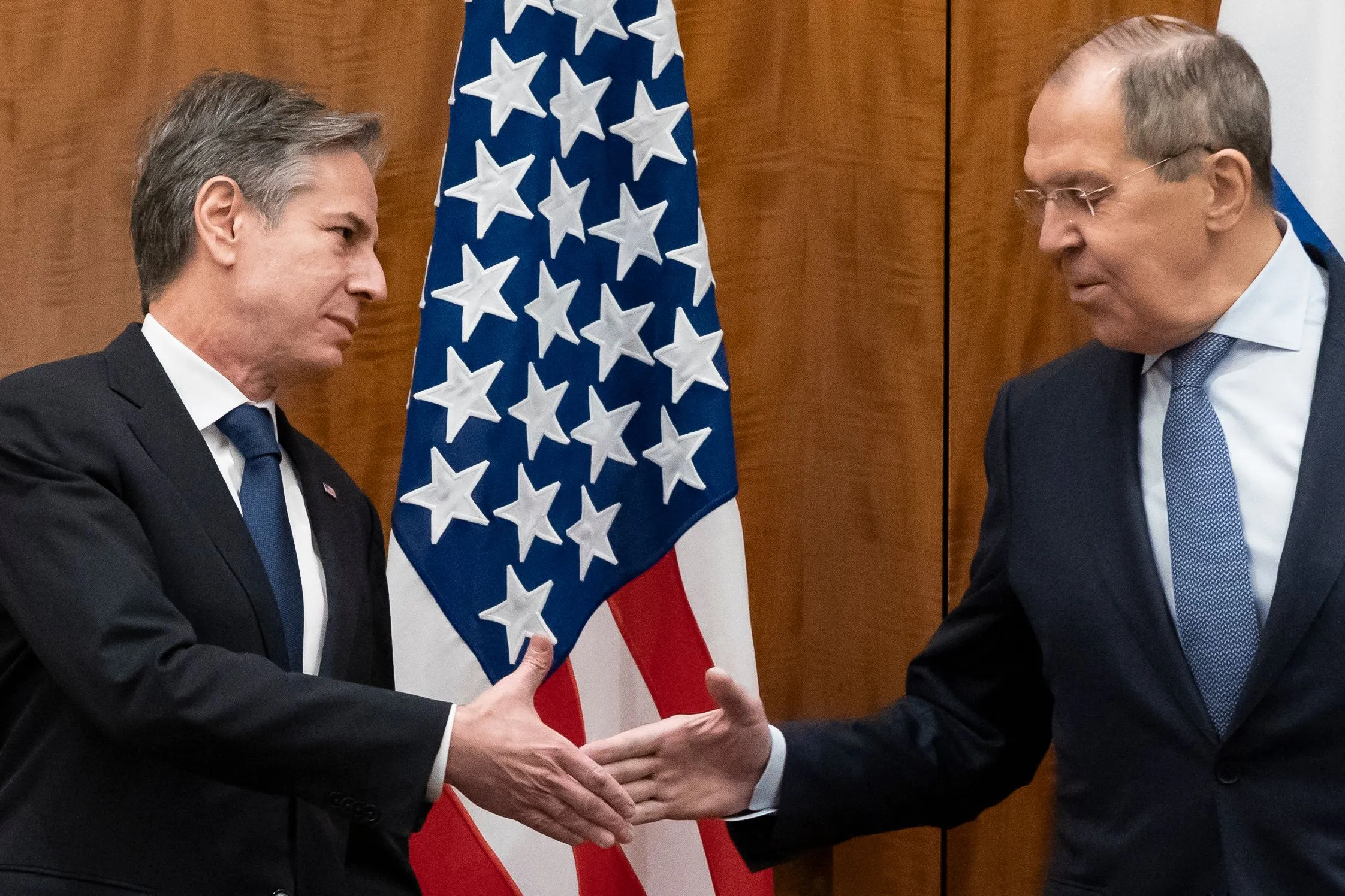 Antony Blinken, left, with Sergey Lavrov in Geneva, Switzerland, on Jan. 21.