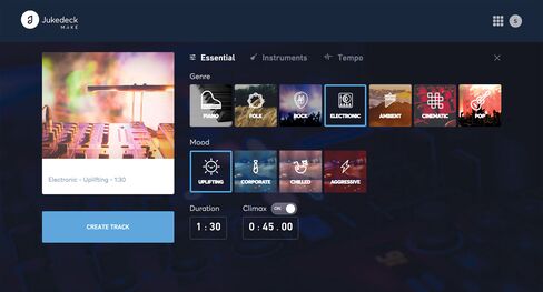 The Jukedeck interface features many options for soundtrack mixing.