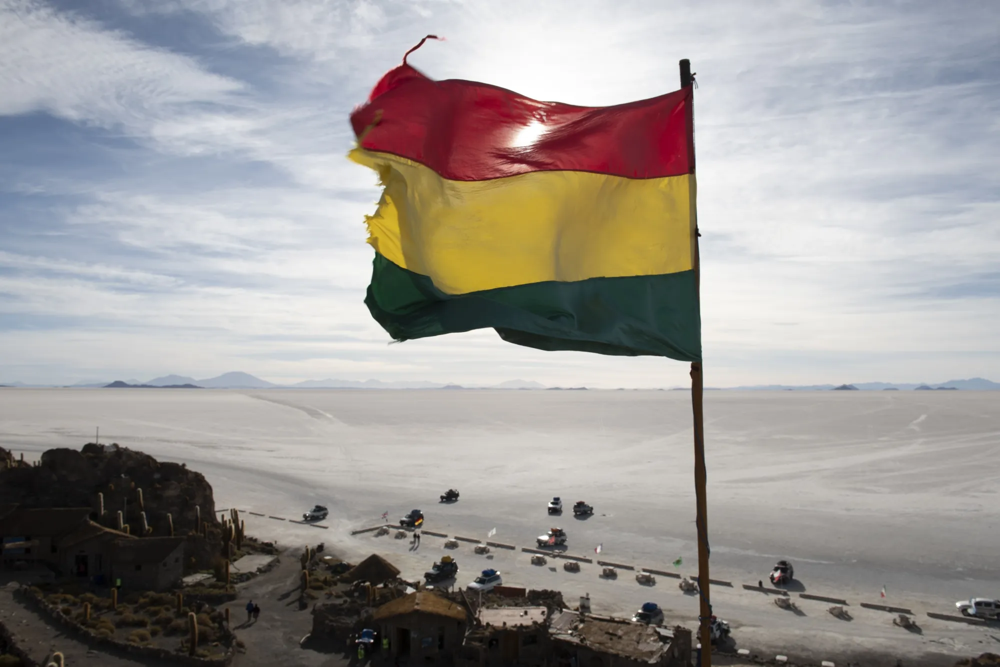 A Bolivian flag flies in the Uyuni Salt Flats in Potosi.