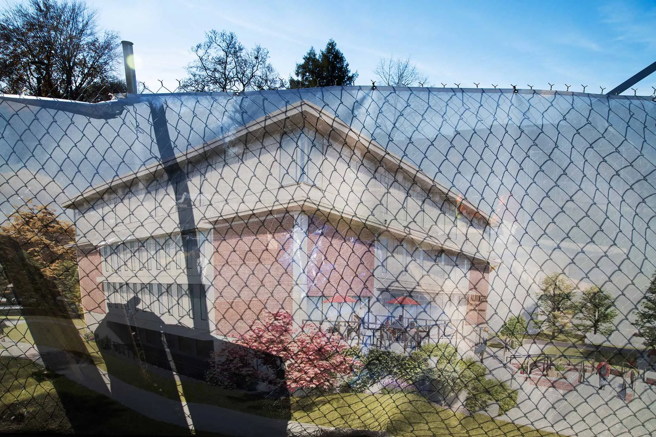 Fencing that&nbsp;blocks&nbsp;the library construction at Albright College shows the plans for the long-delayed finished version.