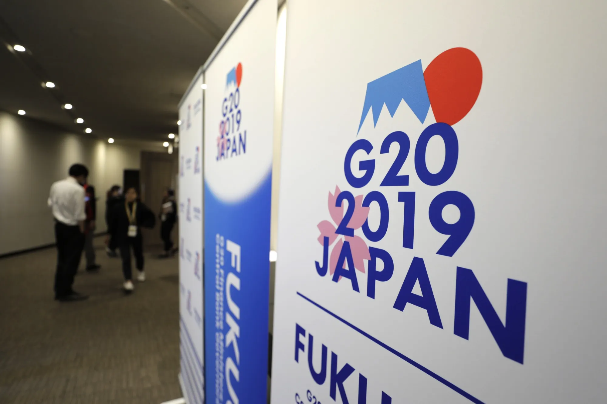 Banners for the Group of 20 (G-20) finance ministers and central bank governors meeting&nbsp;in Fukuoka.