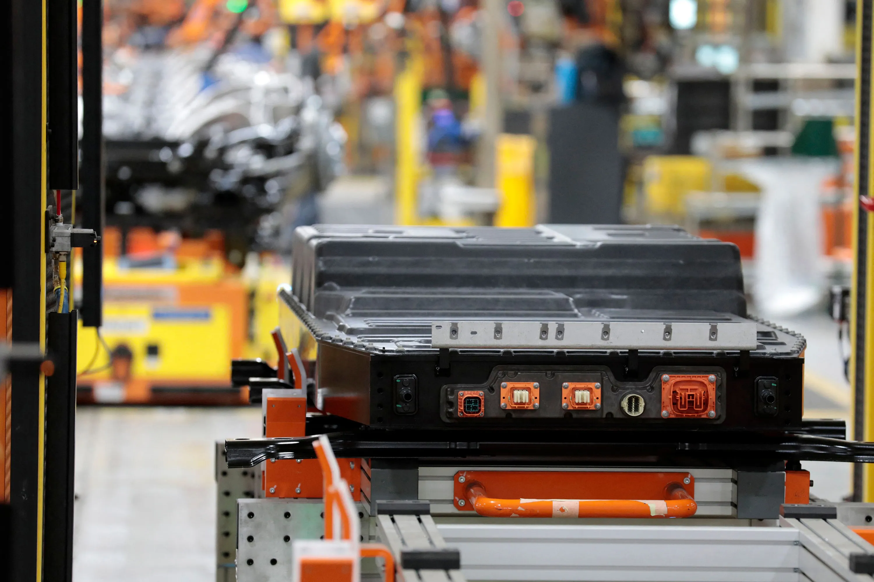 A battery&nbsp;awaits installation on&nbsp;a&nbsp;F-150 Lightning truck&nbsp;at Ford Motor Co.’s plant in Dearborn, Michigan, US.