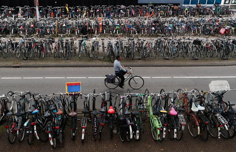 A bike parking spot in Amsterdam, which has the highest bike modal share of any city in the world.
