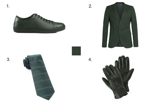 1. Gucci leather sneaker, $495, gucci.com 2. Topman dark green ultra skinny fit blazer, $280 and trousers, $120, topman.com 3. The Tie Bar Ripon horizontal stripe tie, $19, thetiebar.com 4. Suitsupply green gloves, $99, suitsupply.com.