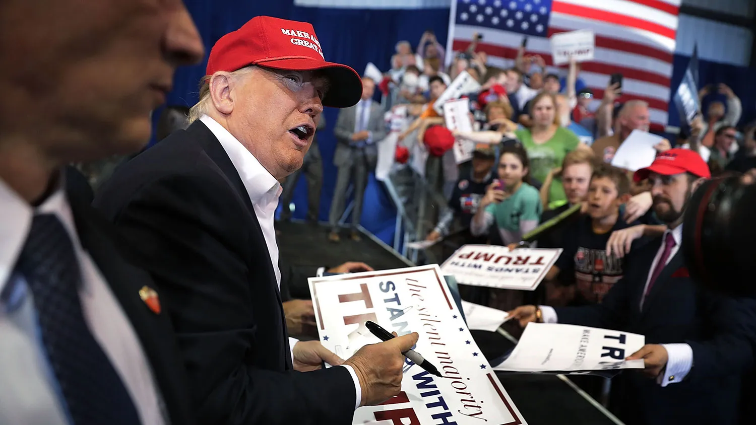 Republican presidential candidate Donald Trump greets supporters during a campaign rally on April 22, 2016, in Harrington, Delaware.
