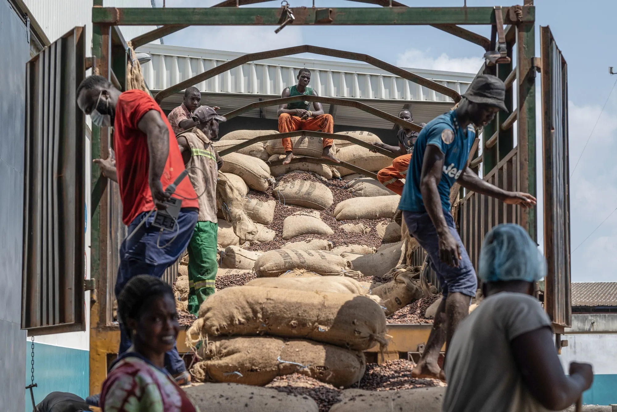A delivery of cocoa beans at a processing plant in Abidjan, Ivory Coast.