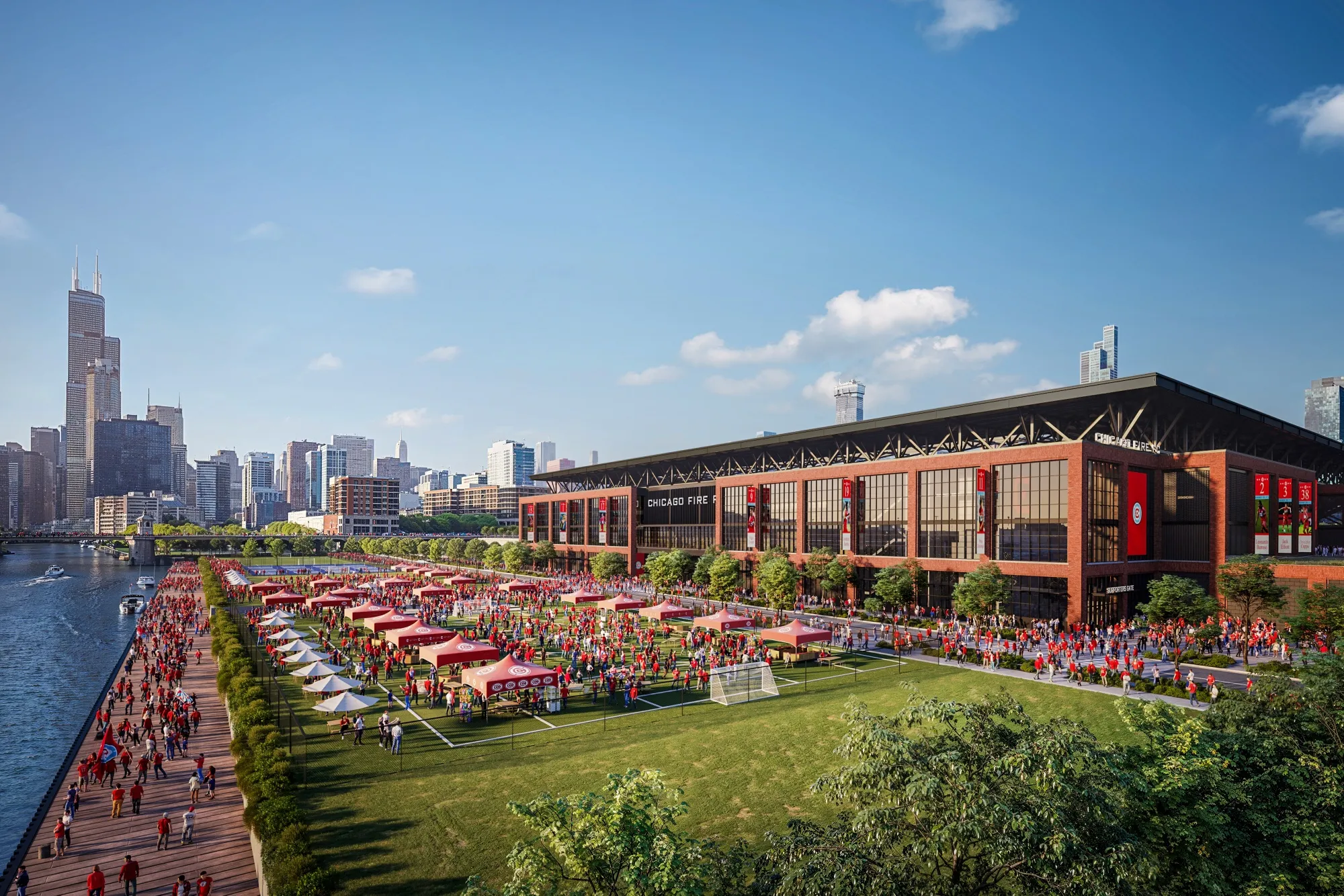 A rendering of the Chicago Fire’s proposed stadium. The 22,000-seat brick-and-steel stadium is expected to open prior to the 2028 Major League Soccer season, which typically begins in late February.